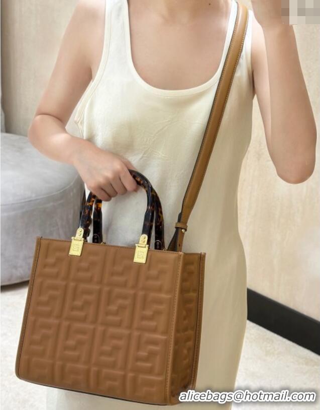 Top Design Fendi Sunshine Small Tote Bag in FF Leather 8618 Brown 2025
