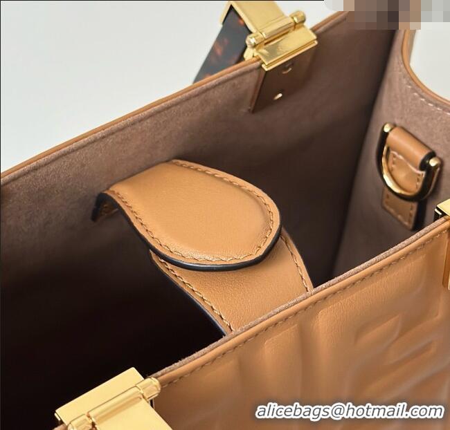 Top Design Fendi Sunshine Small Tote Bag in FF Leather 8618 Brown 2025