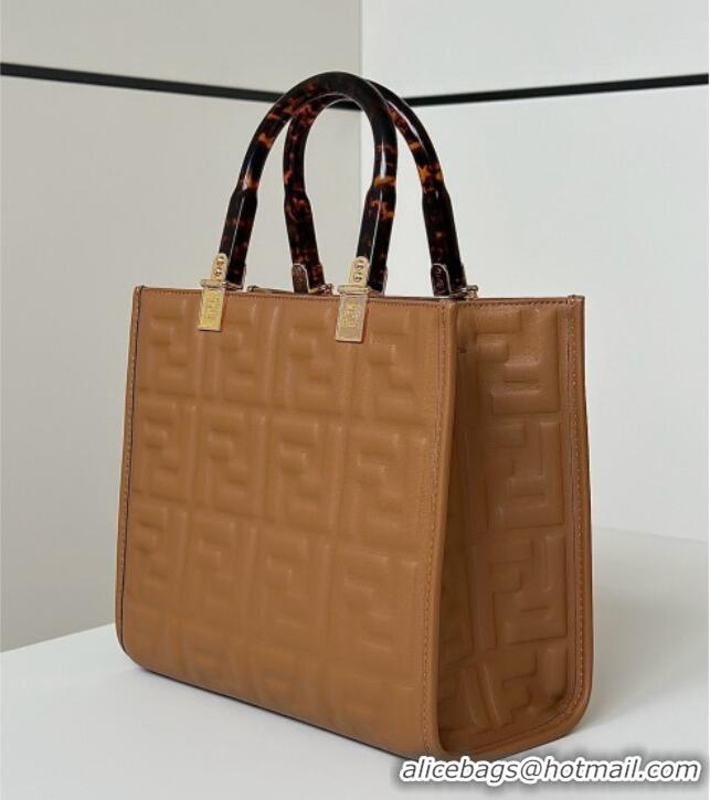 Top Design Fendi Sunshine Small Tote Bag in FF Leather 8618 Brown 2025