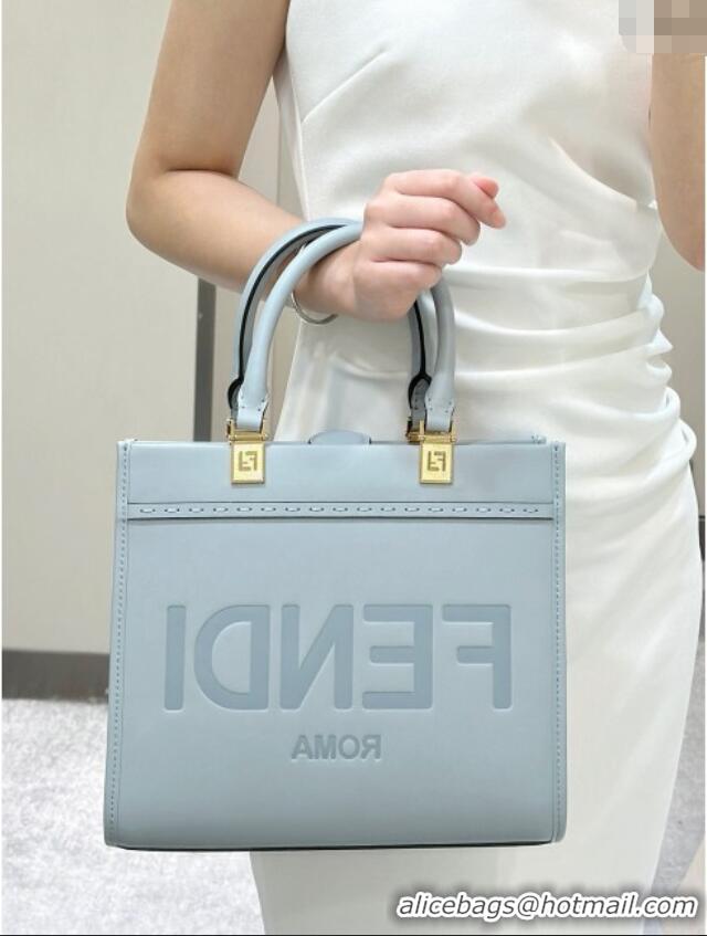 Top Quality Fendi Sunshine Small Tote Bag in Logo Calfskin Leather 8618 Light Blue 2025
