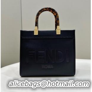 Luxury Cheap Fendi Sunshine Small Tote Bag in Logo Calfskin Leather 8618 Black 2025