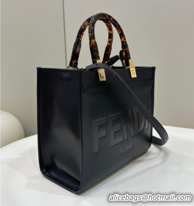 Luxury Cheap Fendi Sunshine Small Tote Bag in Logo Calfskin Leather 8618 Black 2025