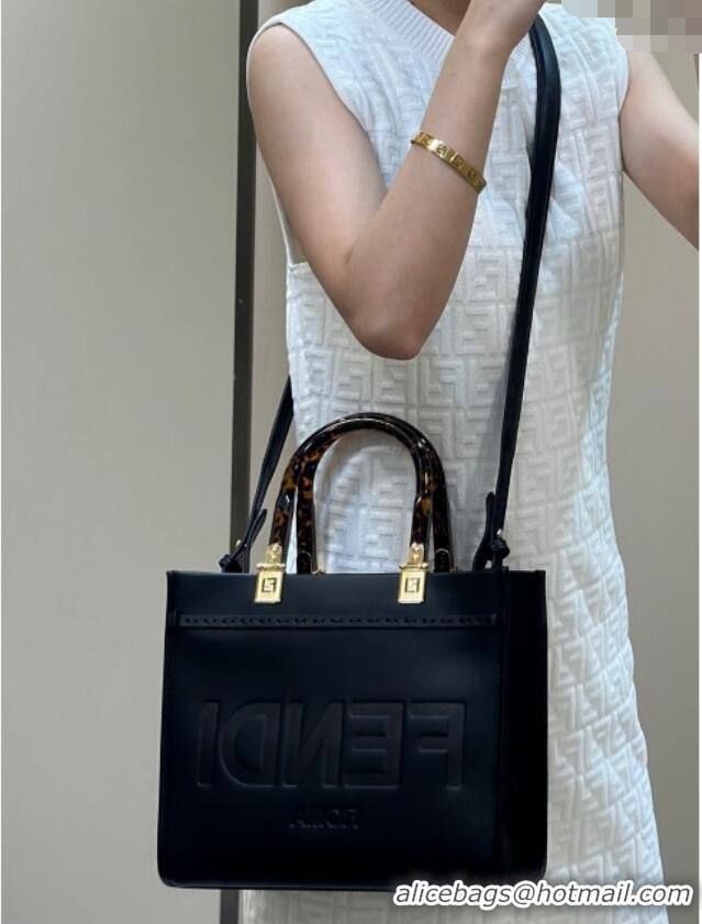 Luxury Cheap Fendi Sunshine Small Tote Bag in Logo Calfskin Leather 8618 Black 2025
