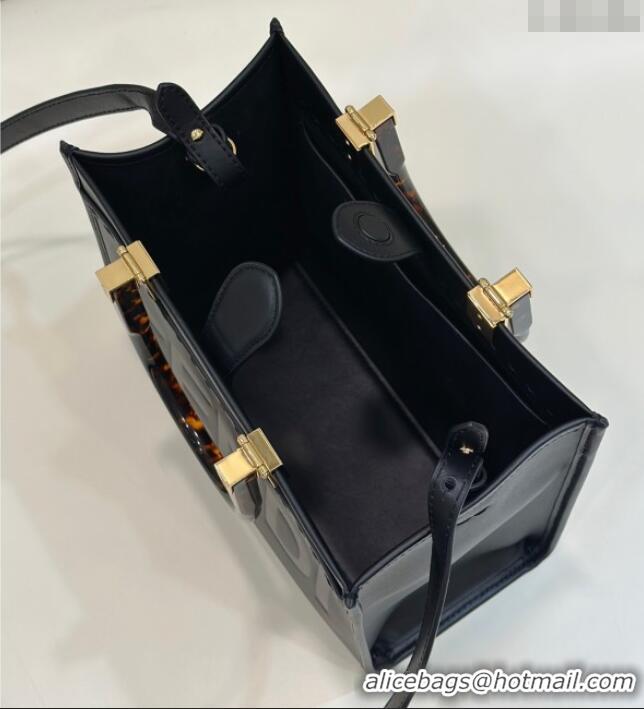 Luxury Cheap Fendi Sunshine Small Tote Bag in Logo Calfskin Leather 8618 Black 2025