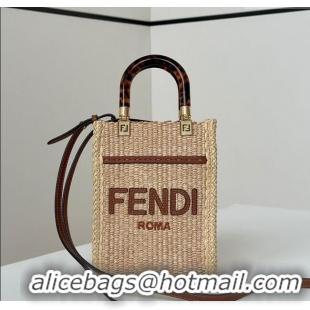 Good Product Fendi Sunshine Shopper Mini Bag in Raffia Straw 8621S Brown 2025