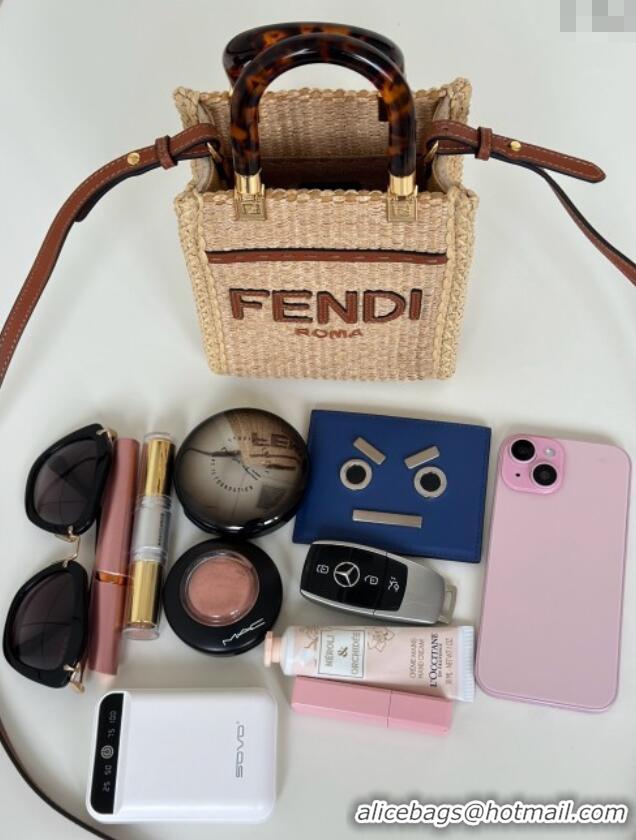 Good Product Fendi Sunshine Shopper Mini Bag in Raffia Straw 8621S Brown 2025