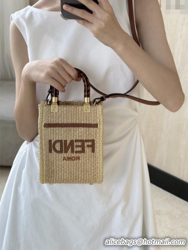 Good Product Fendi Sunshine Shopper Mini Bag in Raffia Straw 8621S Brown 2025