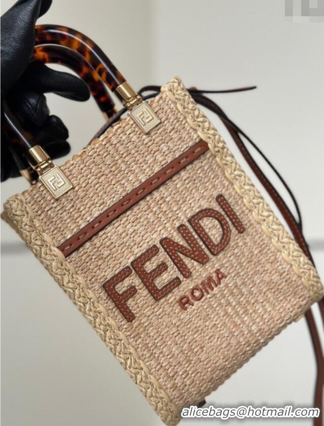 Good Product Fendi Sunshine Shopper Mini Bag in Raffia Straw 8621S Brown 2025