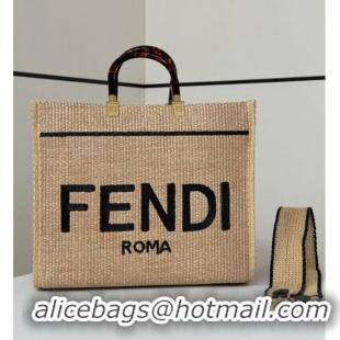 Top Design Fendi Sunshine Shopper Medium Bag in Raffia Straw 8621L Black 2025