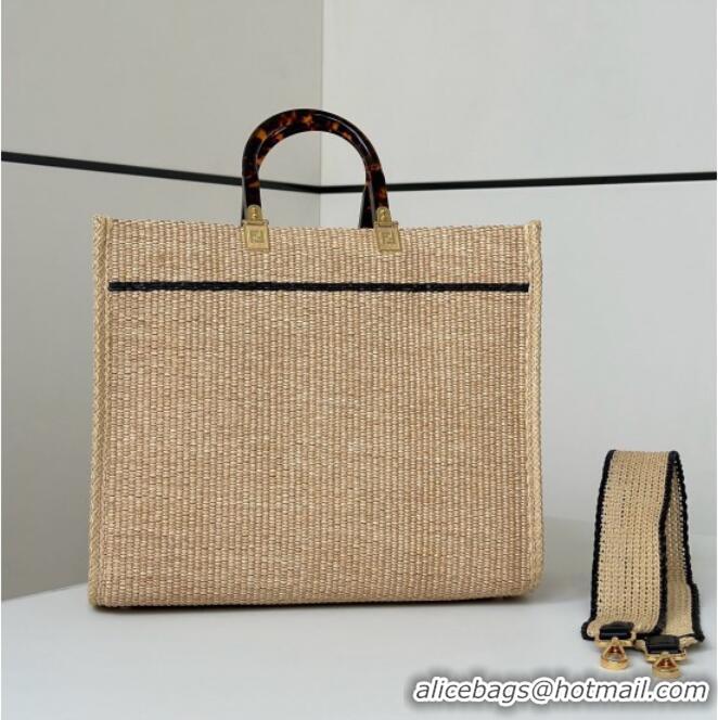 Top Design Fendi Sunshine Shopper Medium Bag in Raffia Straw 8621L Black 2025