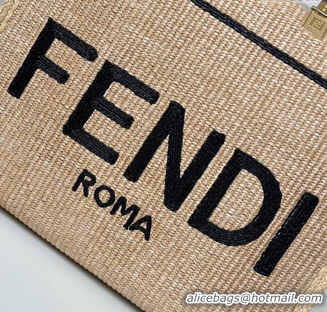 Top Design Fendi Sunshine Shopper Medium Bag in Raffia Straw 8621L Black 2025