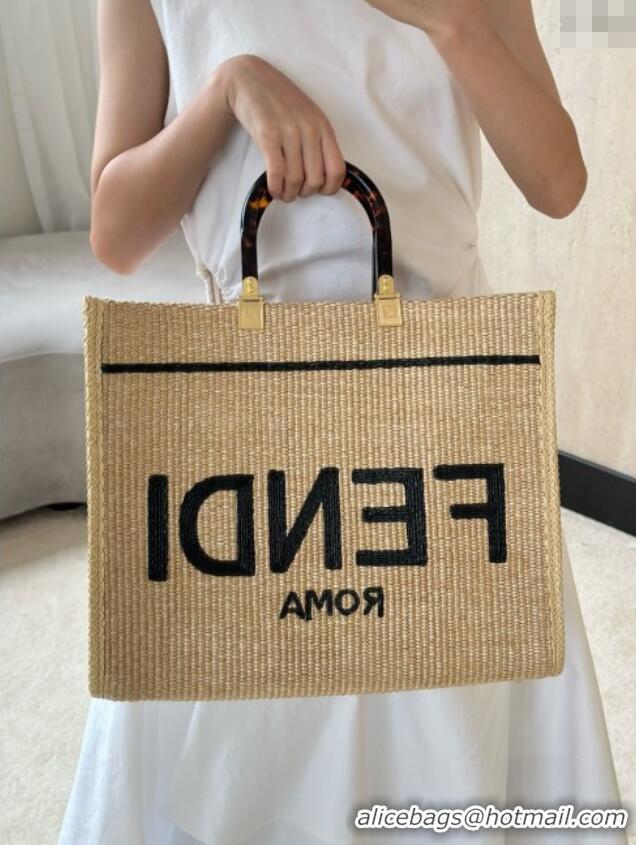 Top Design Fendi Sunshine Shopper Medium Bag in Raffia Straw 8621L Black 2025