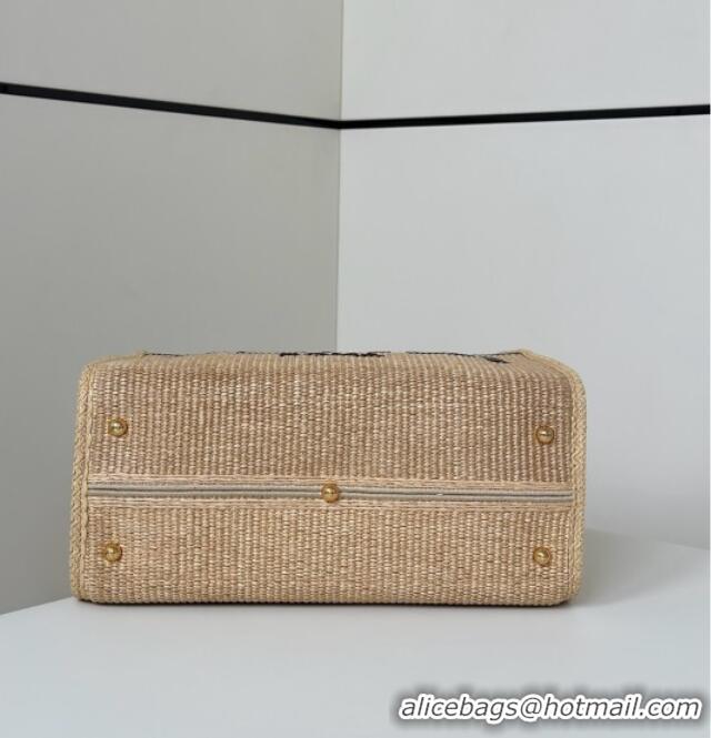 Top Design Fendi Sunshine Shopper Medium Bag in Raffia Straw 8621L Black 2025