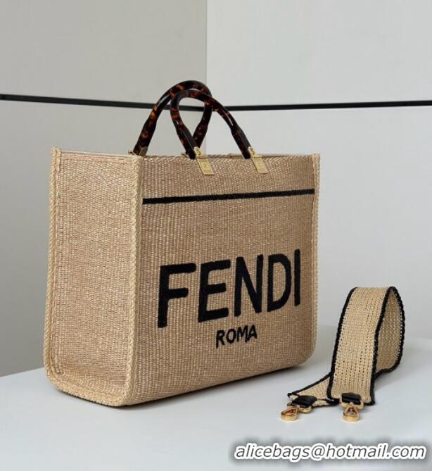 Top Design Fendi Sunshine Shopper Medium Bag in Raffia Straw 8621L Black 2025