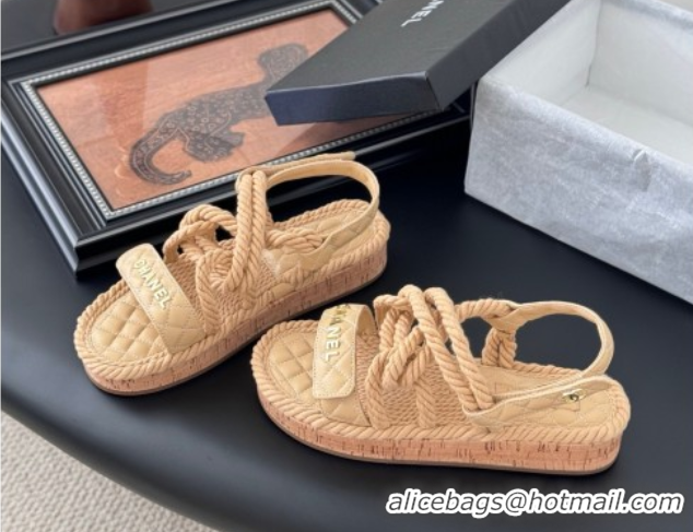 Sumptuous Chanel Quilted Calfskin & Cord Sandals Beige 2025 CH061013