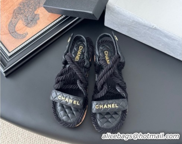 Best Grade Chanel Quilted Calfskin & Cord Sandals Black 2025 CH061013