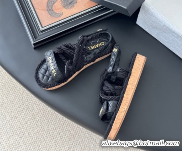 Best Grade Chanel Quilted Calfskin & Cord Sandals Black 2025 CH061013