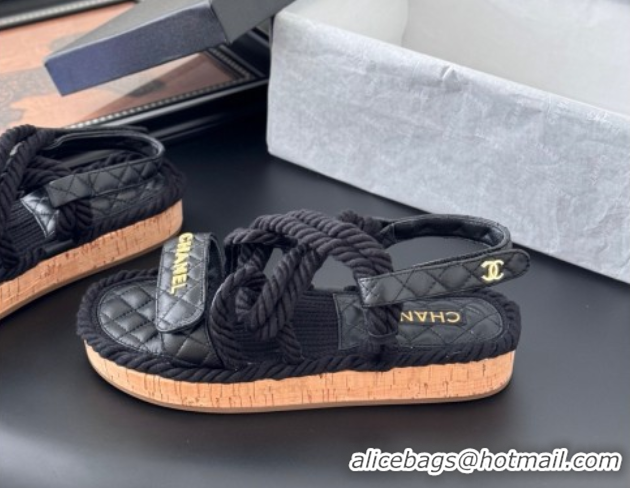 Best Grade Chanel Quilted Calfskin & Cord Sandals Black 2025 CH061013