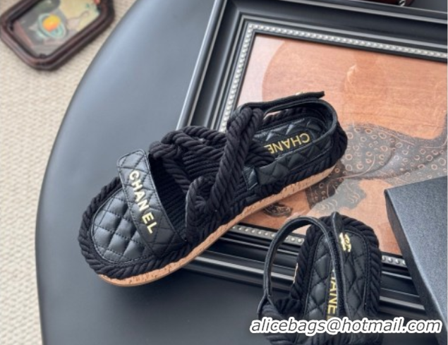 Best Grade Chanel Quilted Calfskin & Cord Sandals Black 2025 CH061013