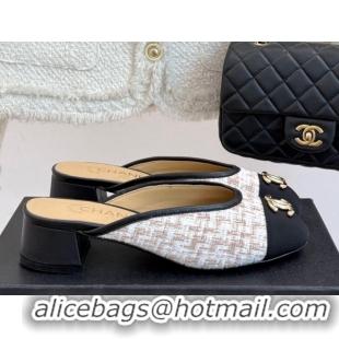 Modern Chanel Tweed Heel Mules White/Black/Brown 2025 CH061014