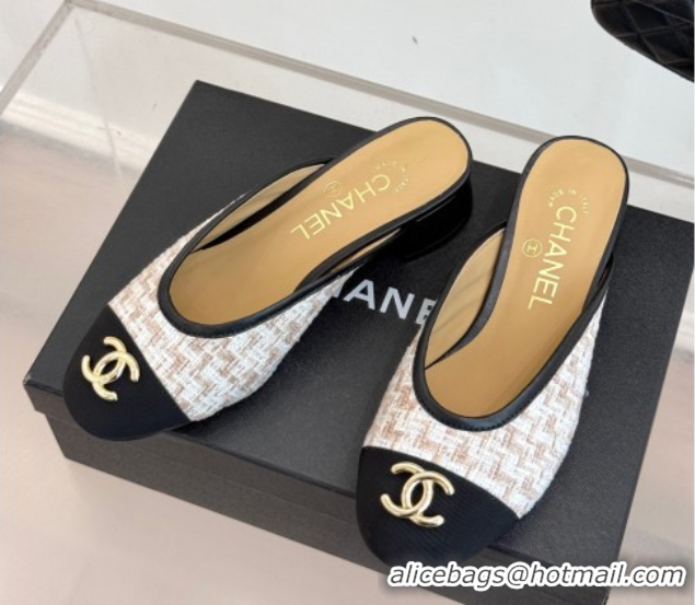 Modern Chanel Tweed Heel Mules White/Black/Brown 2025 CH061014
