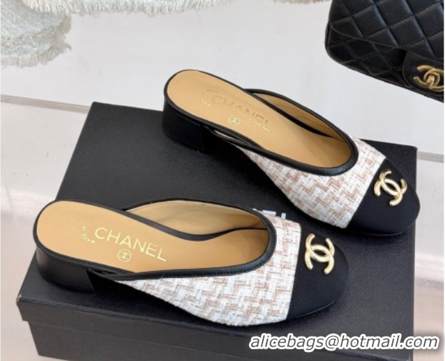 Modern Chanel Tweed Heel Mules White/Black/Brown 2025 CH061014