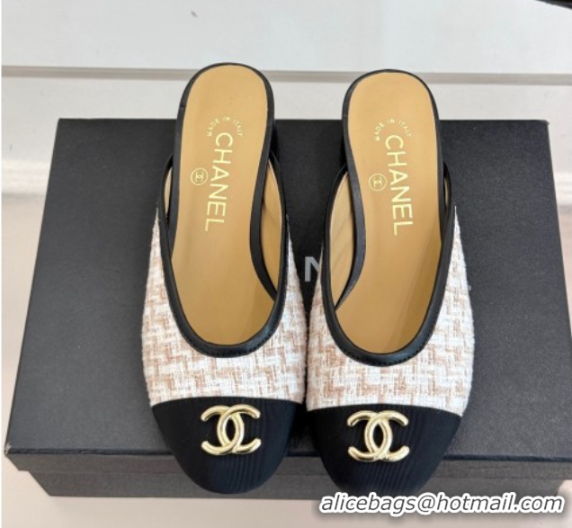 Modern Chanel Tweed Heel Mules White/Black/Brown 2025 CH061014