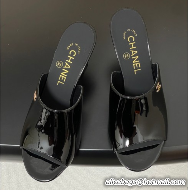 Best Price Chanel Patent Calfskin Heel Slides Sandal 8.5cm Black 2025 CH061015