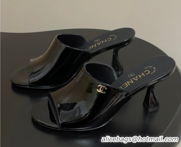 Best Price Chanel Patent Calfskin Heel Slides Sandal 8.5cm Black 2025 CH061015
