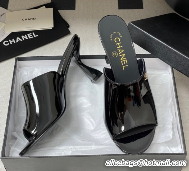 Best Price Chanel Patent Calfskin Heel Slides Sandal 8.5cm Black 2025 CH061015