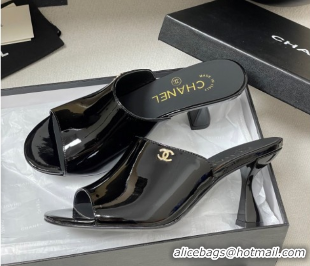 Best Price Chanel Patent Calfskin Heel Slides Sandal 8.5cm Black 2025 CH061015