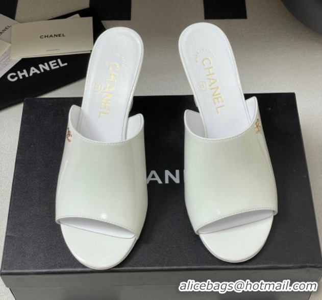 Purchase Chanel Patent Calfskin Heel Slides Sandal 8.5cm White 2025 CH061015