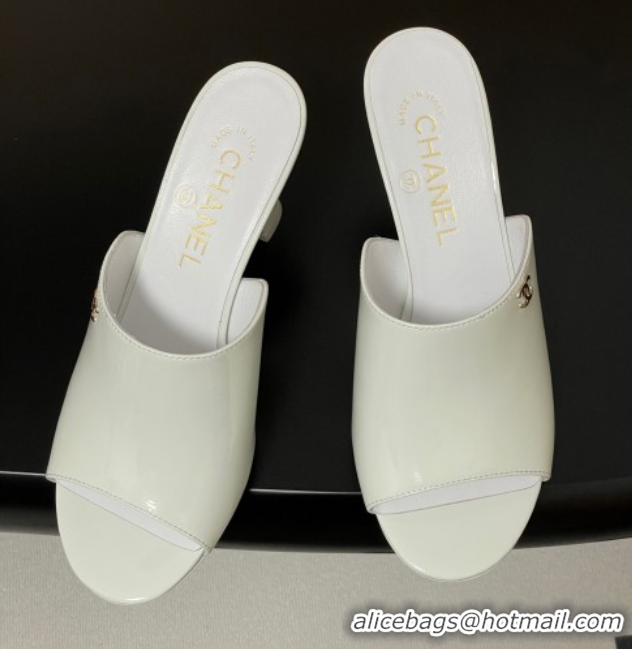 Purchase Chanel Patent Calfskin Heel Slides Sandal 8.5cm White 2025 CH061015