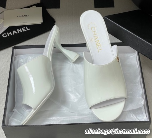 Purchase Chanel Patent Calfskin Heel Slides Sandal 8.5cm White 2025 CH061015