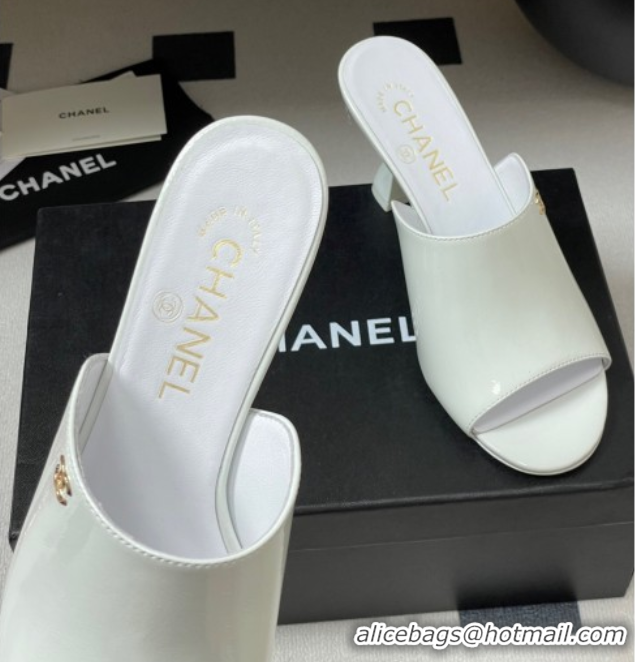 Purchase Chanel Patent Calfskin Heel Slides Sandal 8.5cm White 2025 CH061015