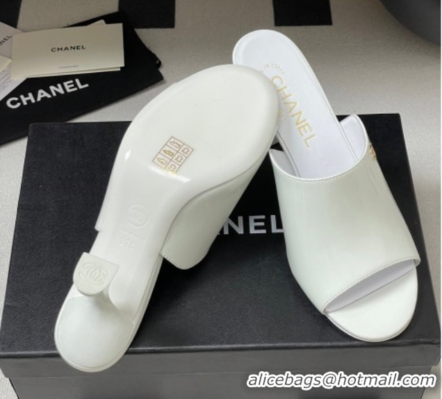 Purchase Chanel Patent Calfskin Heel Slides Sandal 8.5cm White 2025 CH061015
