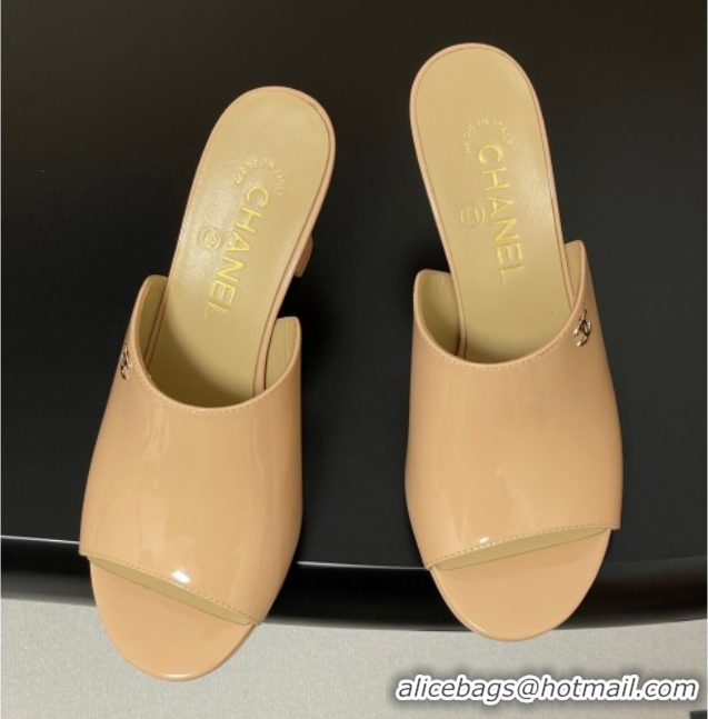 Unique Style Chanel Patent Calfskin Heel Slides Sandal 8.5cm Beige 2025 CH061015
