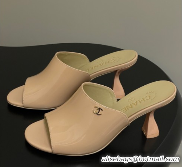 Unique Style Chanel Patent Calfskin Heel Slides Sandal 8.5cm Beige 2025 CH061015