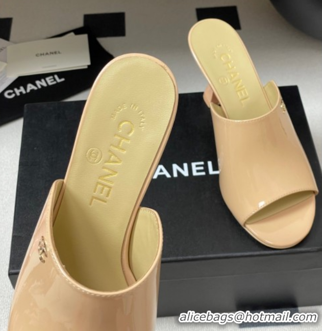 Unique Style Chanel Patent Calfskin Heel Slides Sandal 8.5cm Beige 2025 CH061015