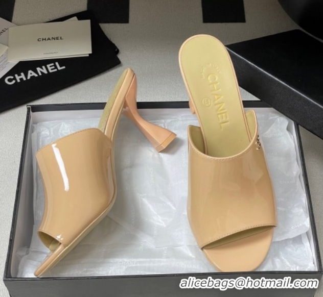 Unique Style Chanel Patent Calfskin Heel Slides Sandal 8.5cm Beige 2025 CH061015