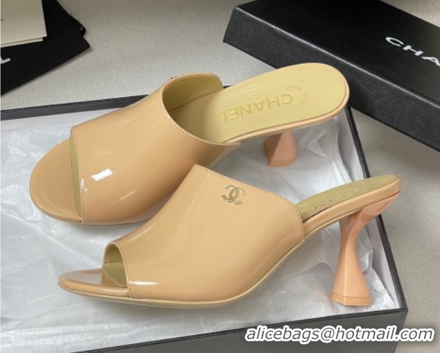 Unique Style Chanel Patent Calfskin Heel Slides Sandal 8.5cm Beige 2025 CH061015