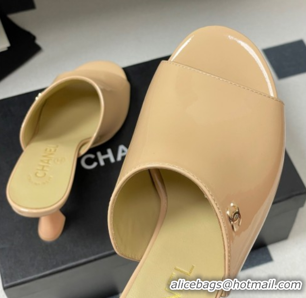 Unique Style Chanel Patent Calfskin Heel Slides Sandal 8.5cm Beige 2025 CH061015