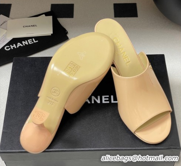 Unique Style Chanel Patent Calfskin Heel Slides Sandal 8.5cm Beige 2025 CH061015