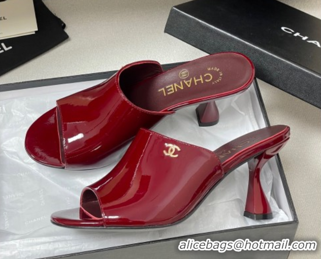 Good Quality Chanel Patent Calfskin Heel Slides Sandal 8.5cm Red 2025 CH061015