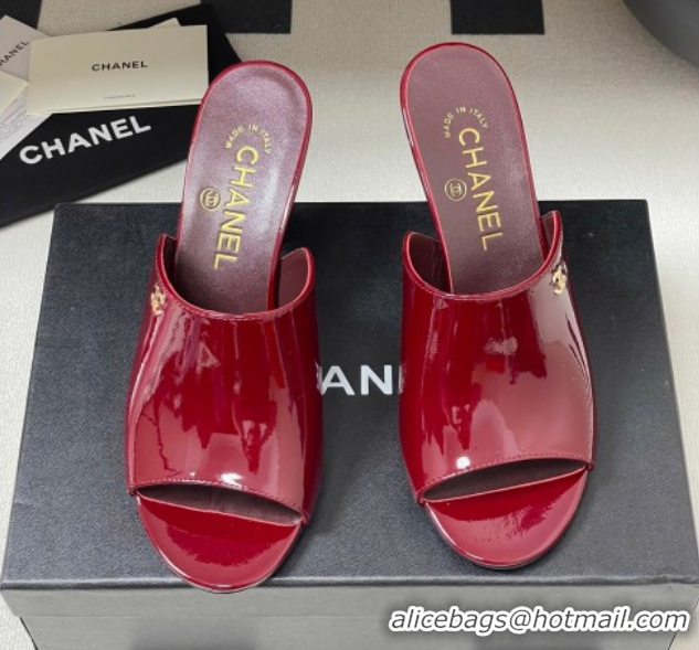 Good Quality Chanel Patent Calfskin Heel Slides Sandal 8.5cm Red 2025 CH061015