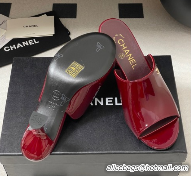Good Quality Chanel Patent Calfskin Heel Slides Sandal 8.5cm Red 2025 CH061015