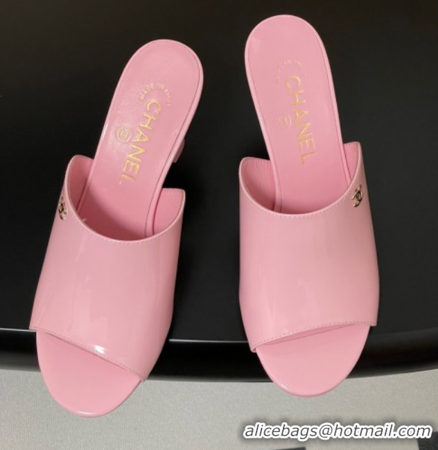 Expensive Chanel Patent Calfskin Heel Slides Sandal 8.5cm Pink 2025 CH061015