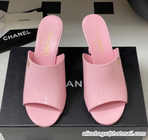Expensive Chanel Patent Calfskin Heel Slides Sandal 8.5cm Pink 2025 CH061015