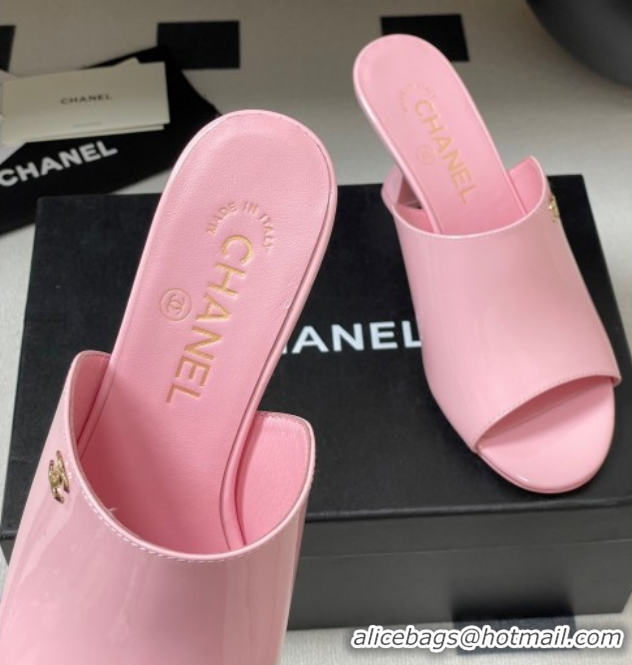 Expensive Chanel Patent Calfskin Heel Slides Sandal 8.5cm Pink 2025 CH061015