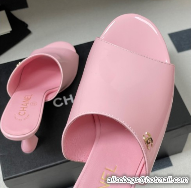 Expensive Chanel Patent Calfskin Heel Slides Sandal 8.5cm Pink 2025 CH061015